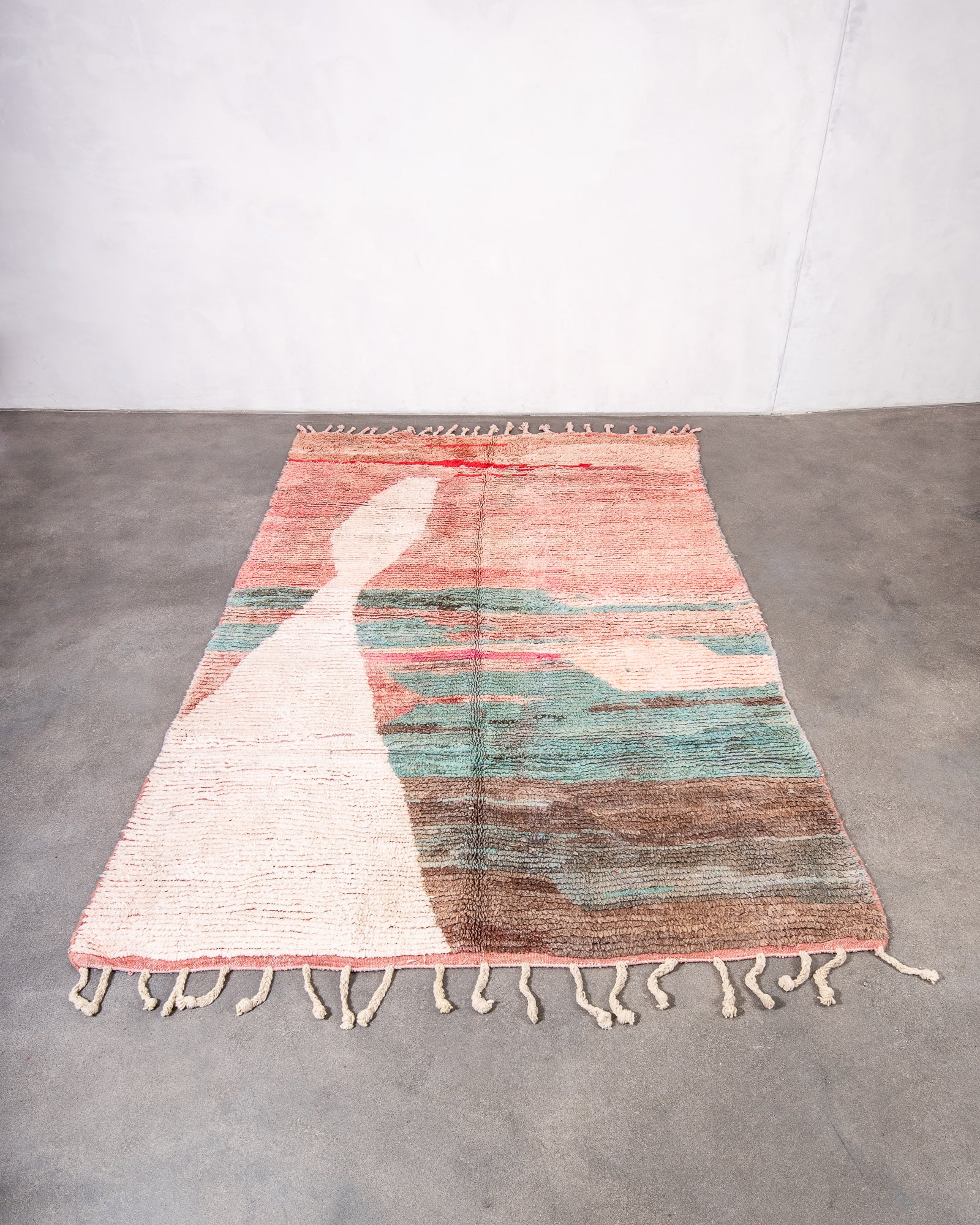 Modern, designer, handcrafted Berber rug from Morocco. Vintage carpet with beautiful colours and patterns and fluffy texture.